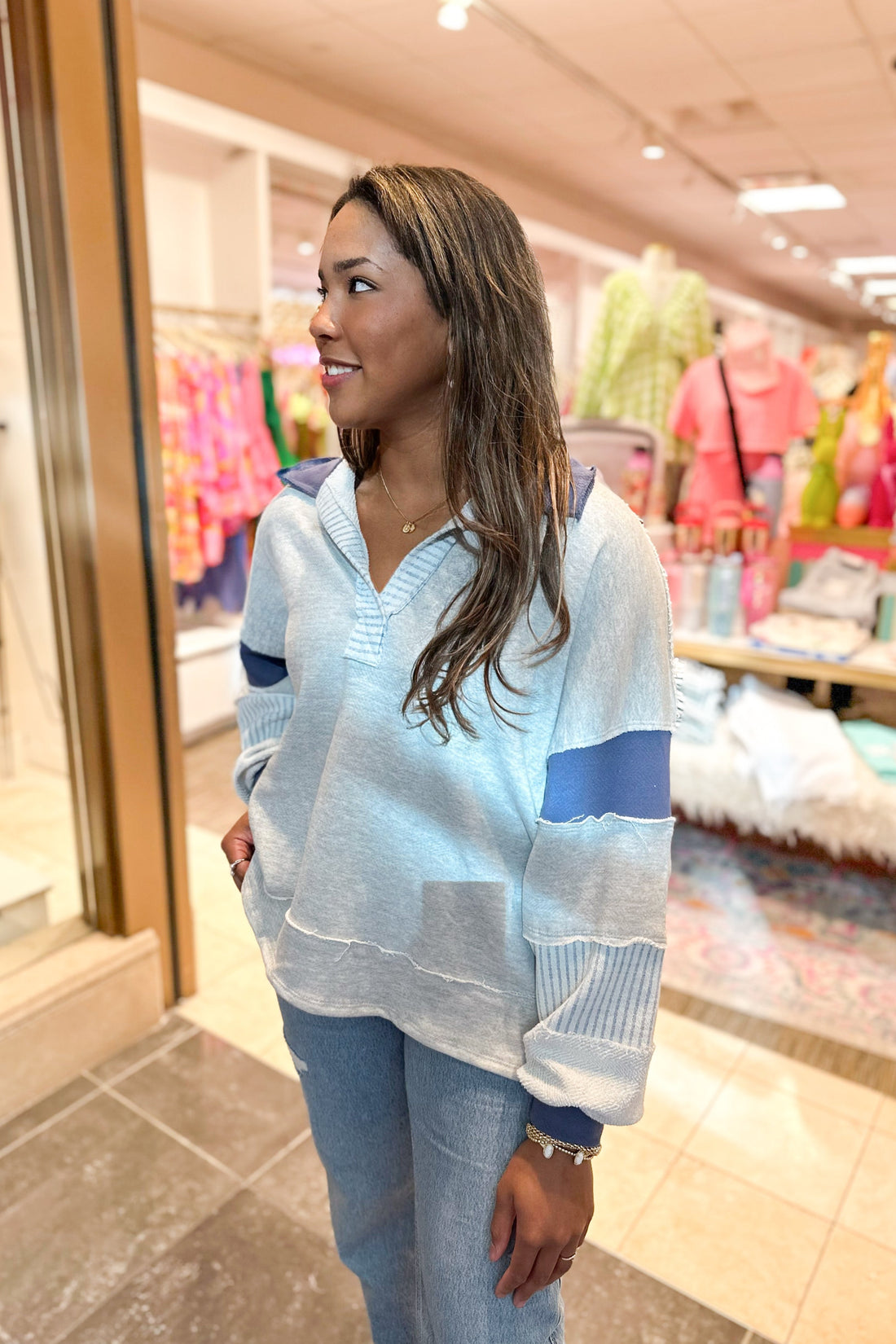 Heather Gray and Navy Color Block French Terry Pullover