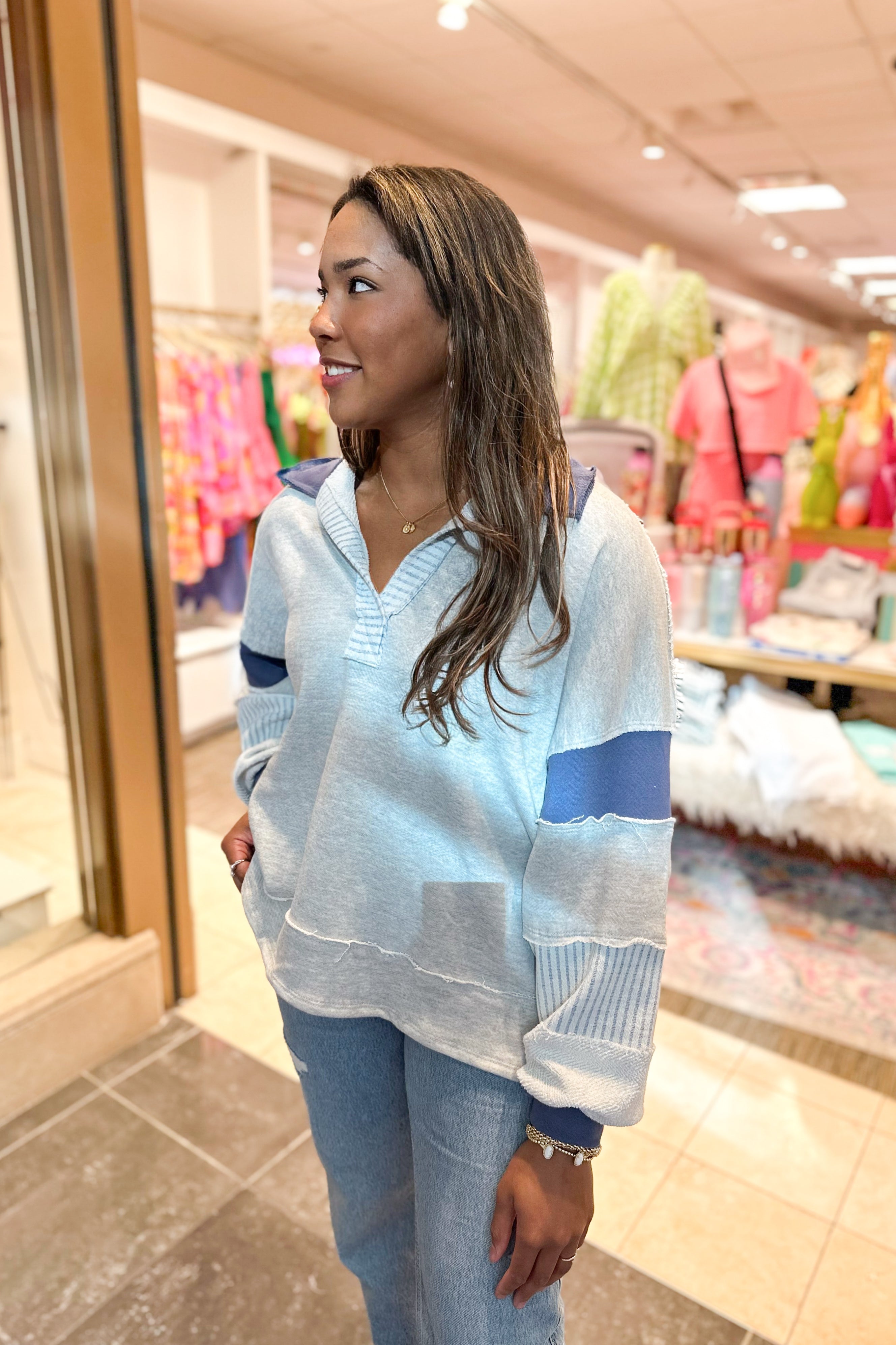 Heather Gray and Navy Color Block French Terry Pullover