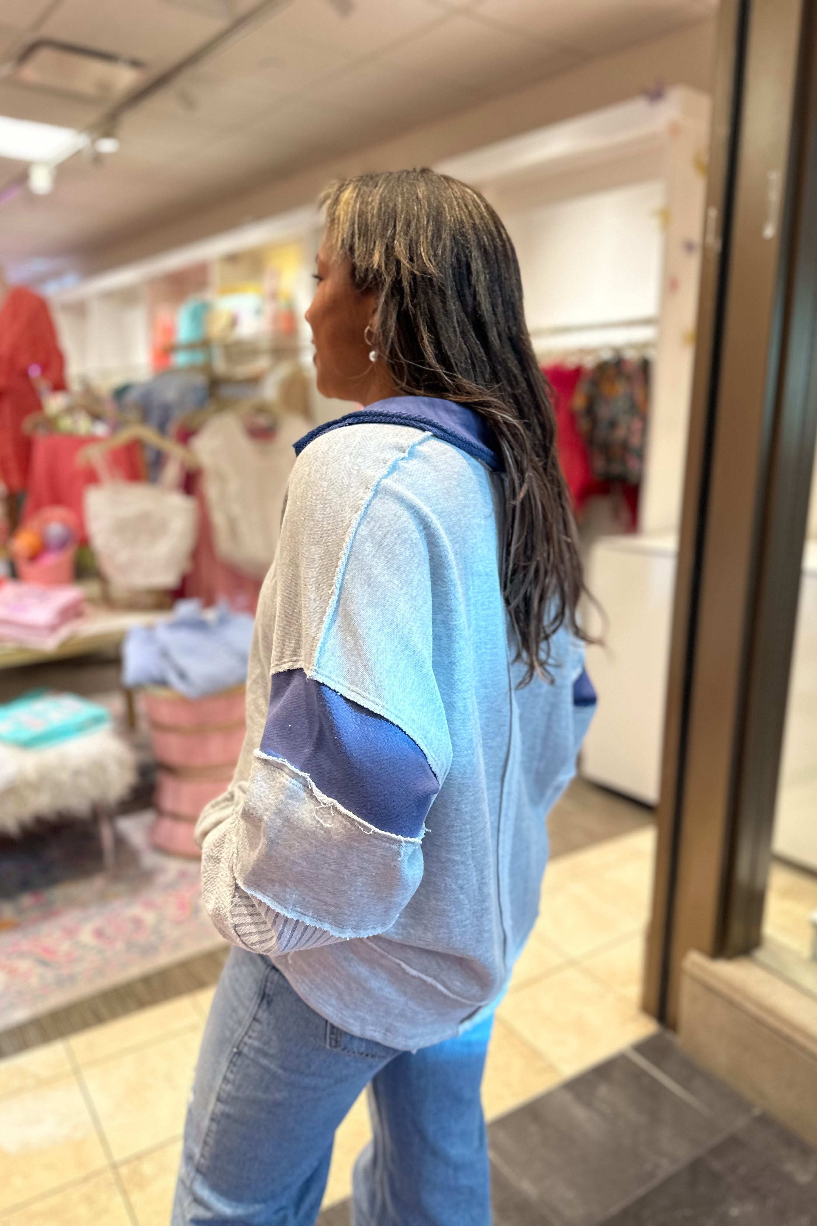 Heather Gray and Navy Color Block French Terry Pullover