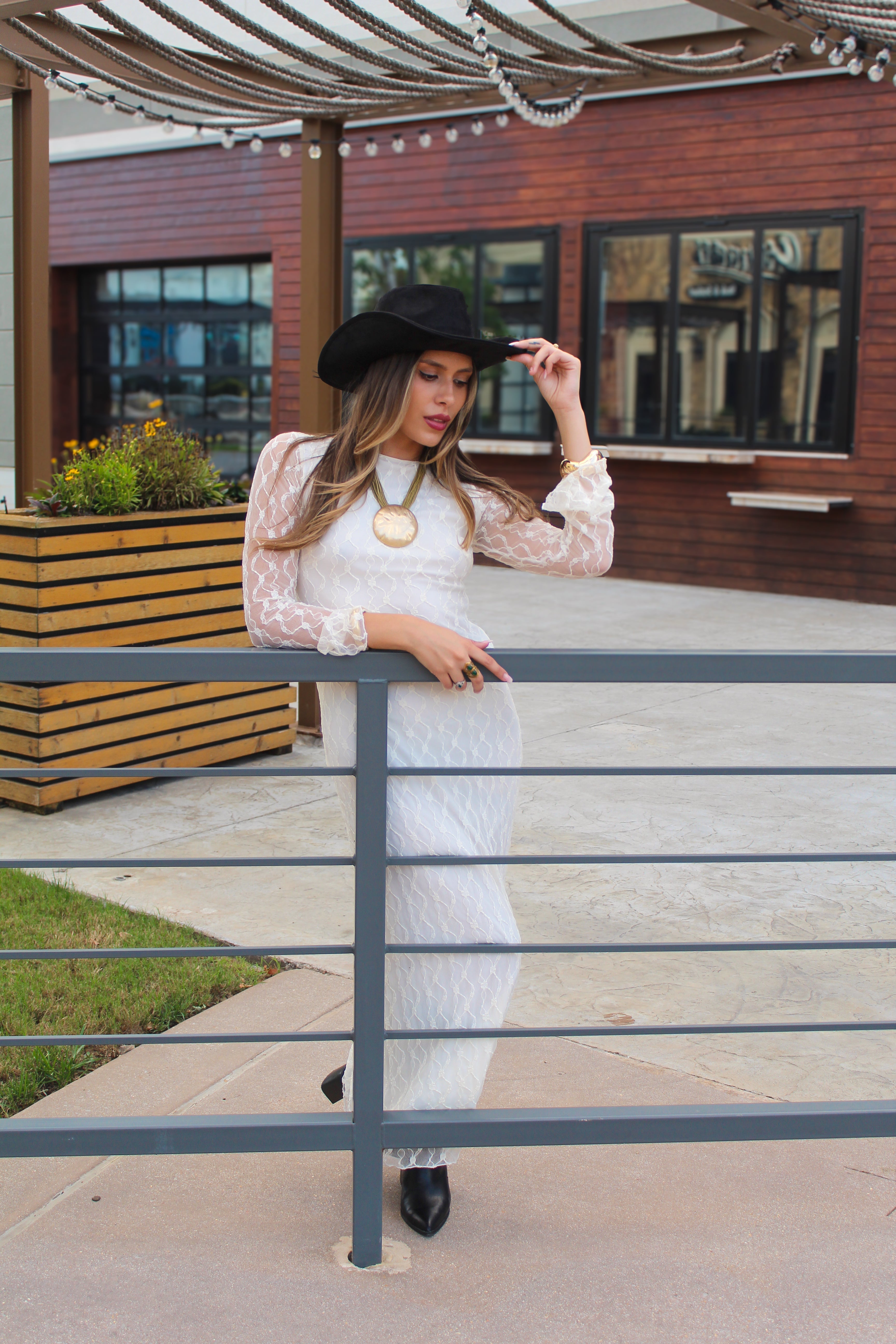 Ivory Lace Overlay Long Sleeve Maxi Dress