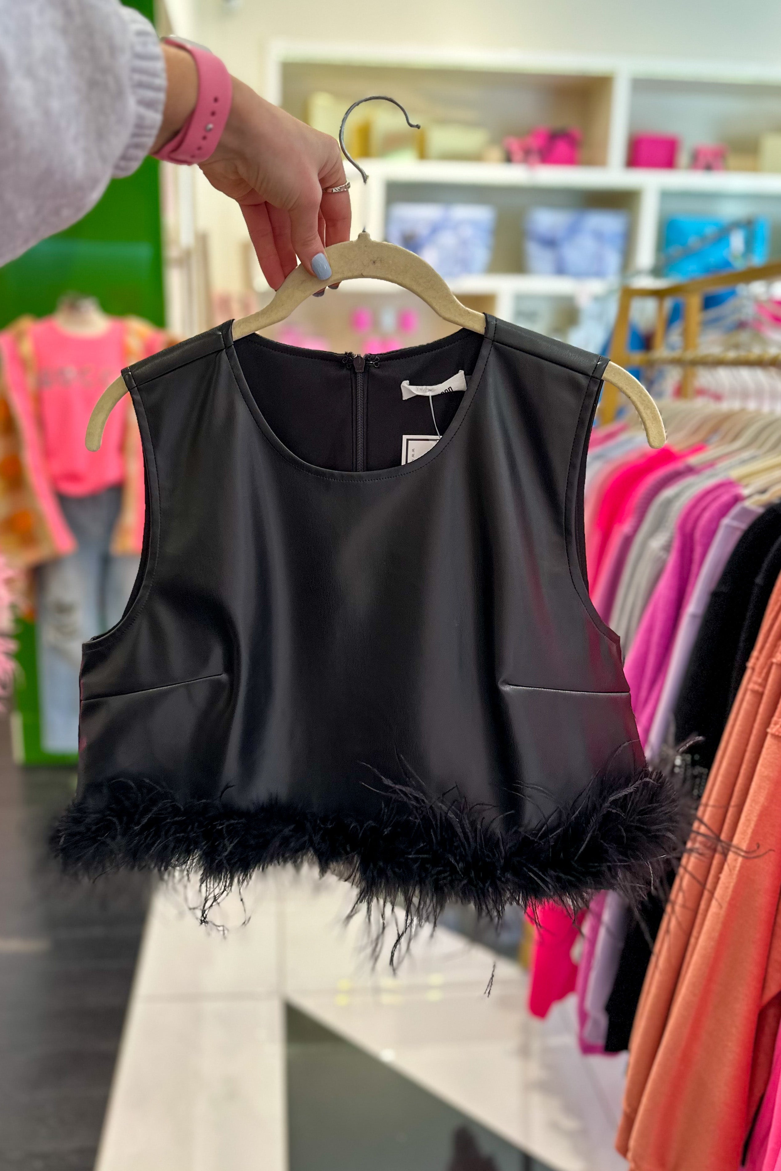 Black Faux Leather Feather Trim Tank Top
