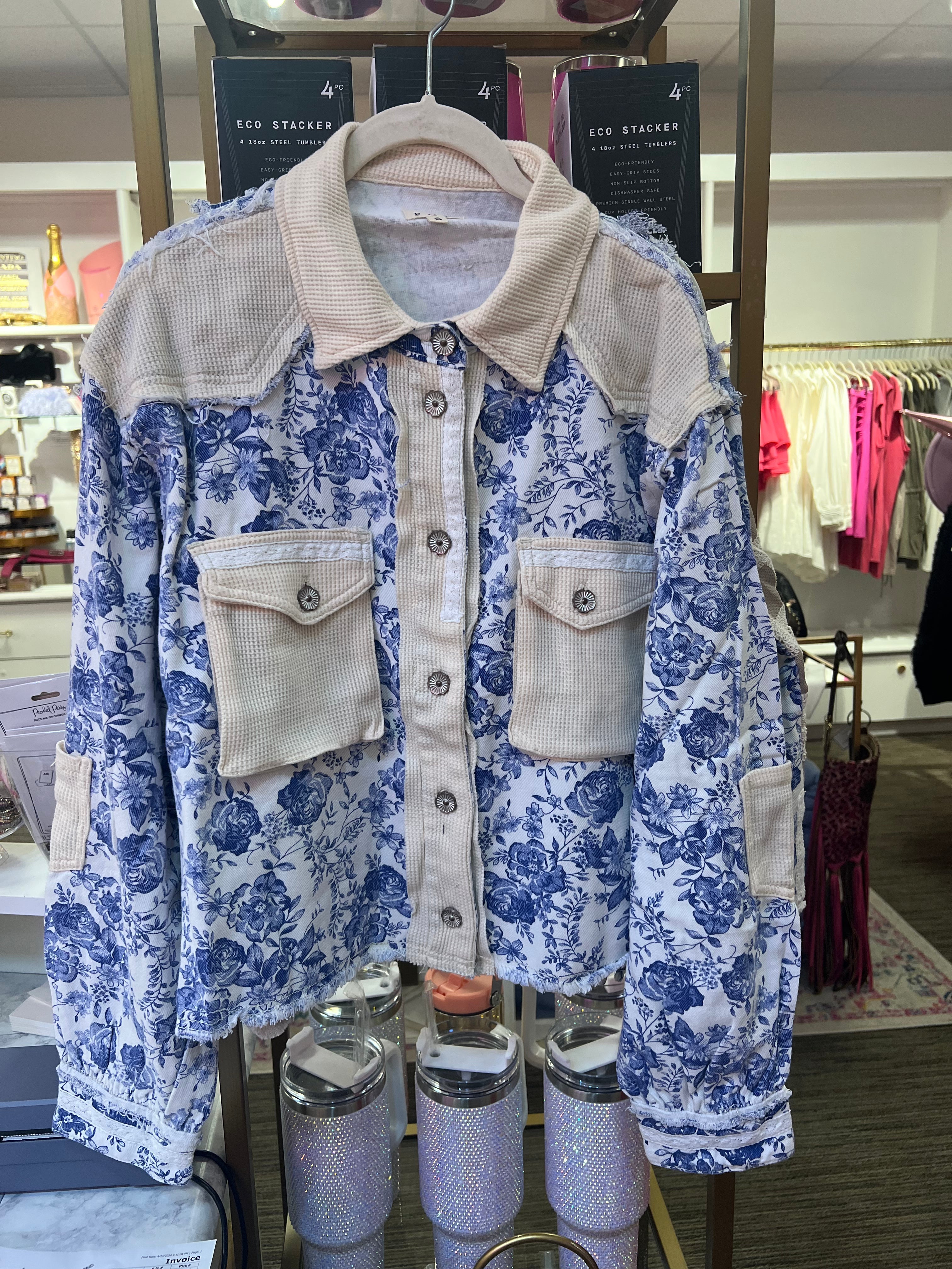 Blue and White Floral Crochet Denim Jacket