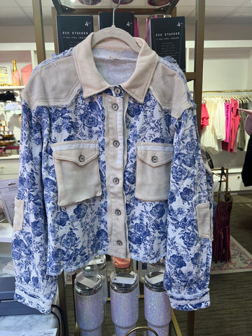 Blue and White Floral Crochet Denim Jacket