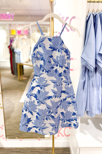 Blue Jacquard Floral High Neck Mini Dress