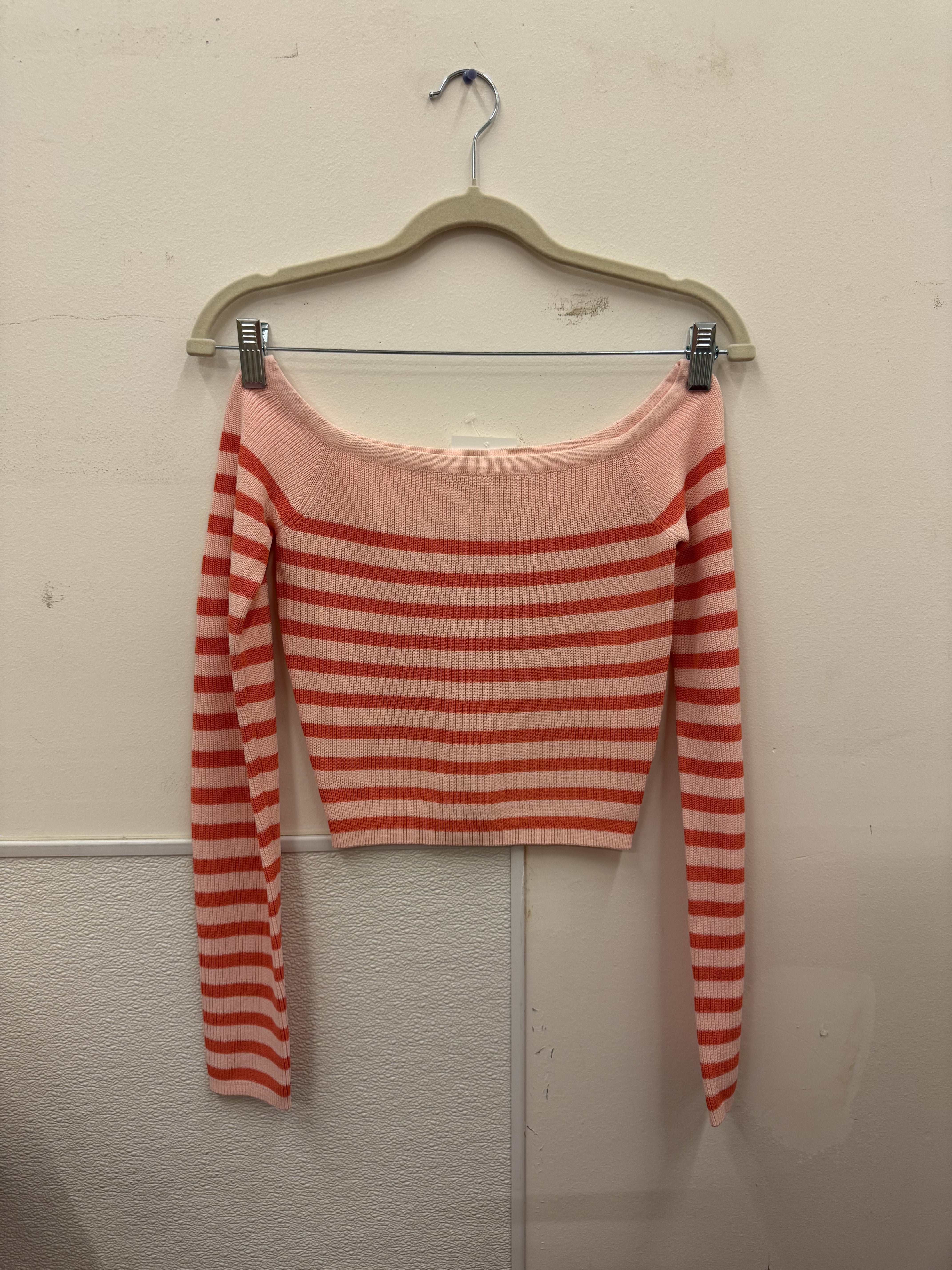 Blush and Coral Striped Off The Shoulder Knit Sweater