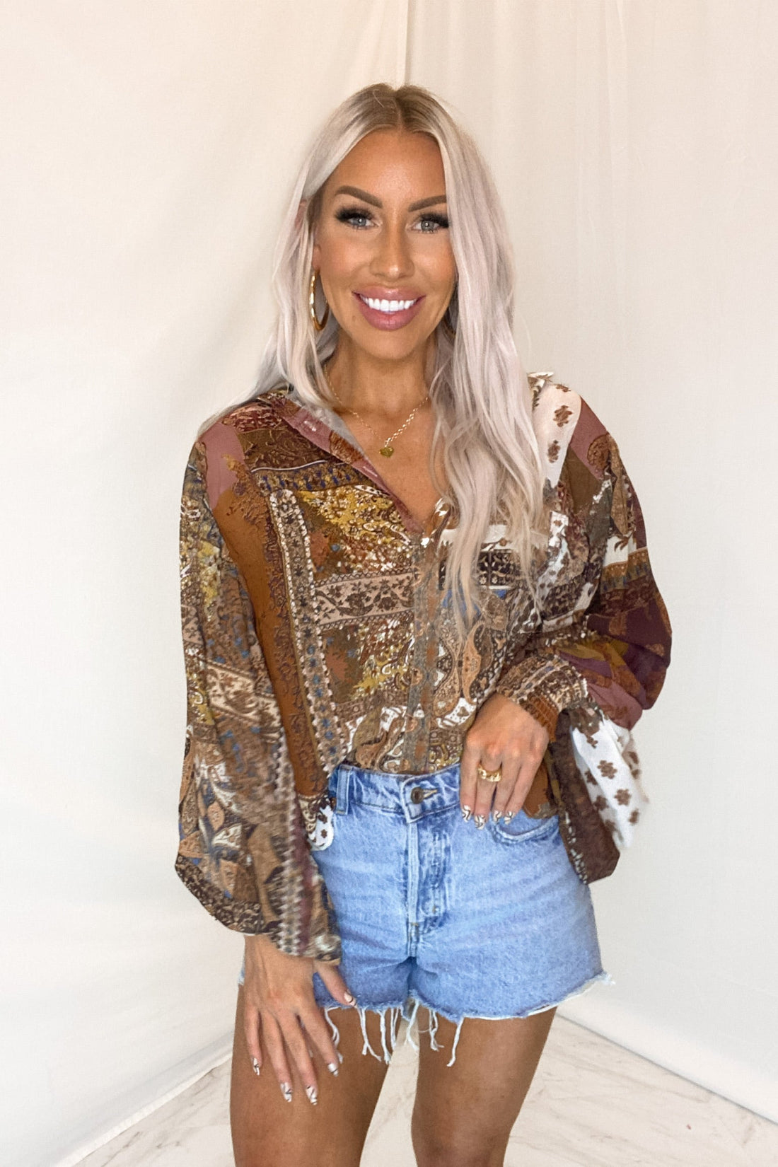Pattern Balloon Sleeve Button Down Blouse