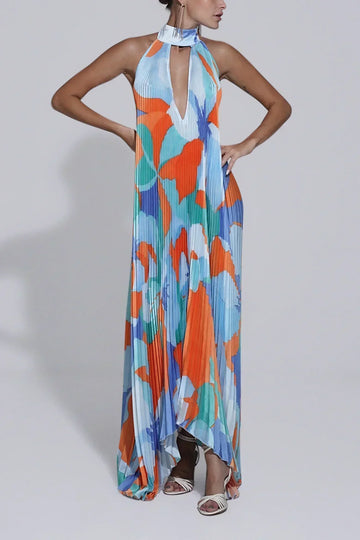 Elaria | Women's Pleated Halter Maxi Dress with Flowing Skirt and Elegant Design