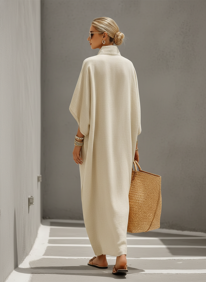 Emily | Linen Dress With Mandarin Collar & Dolman Sleeves, Timeless Resort-Casual Style Dress