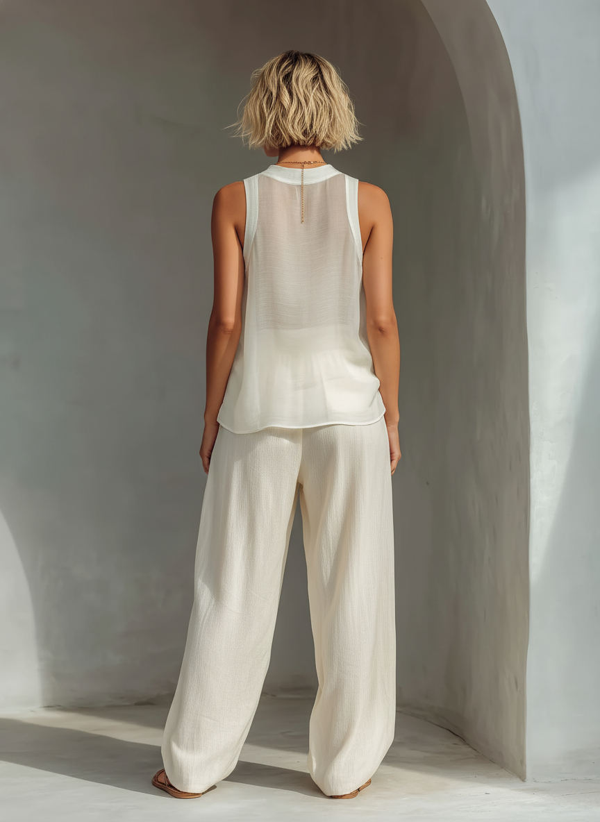 Annabelle | Women's Sleeveless Chiffon Top And Drawstring Wide Leg Trousers Set