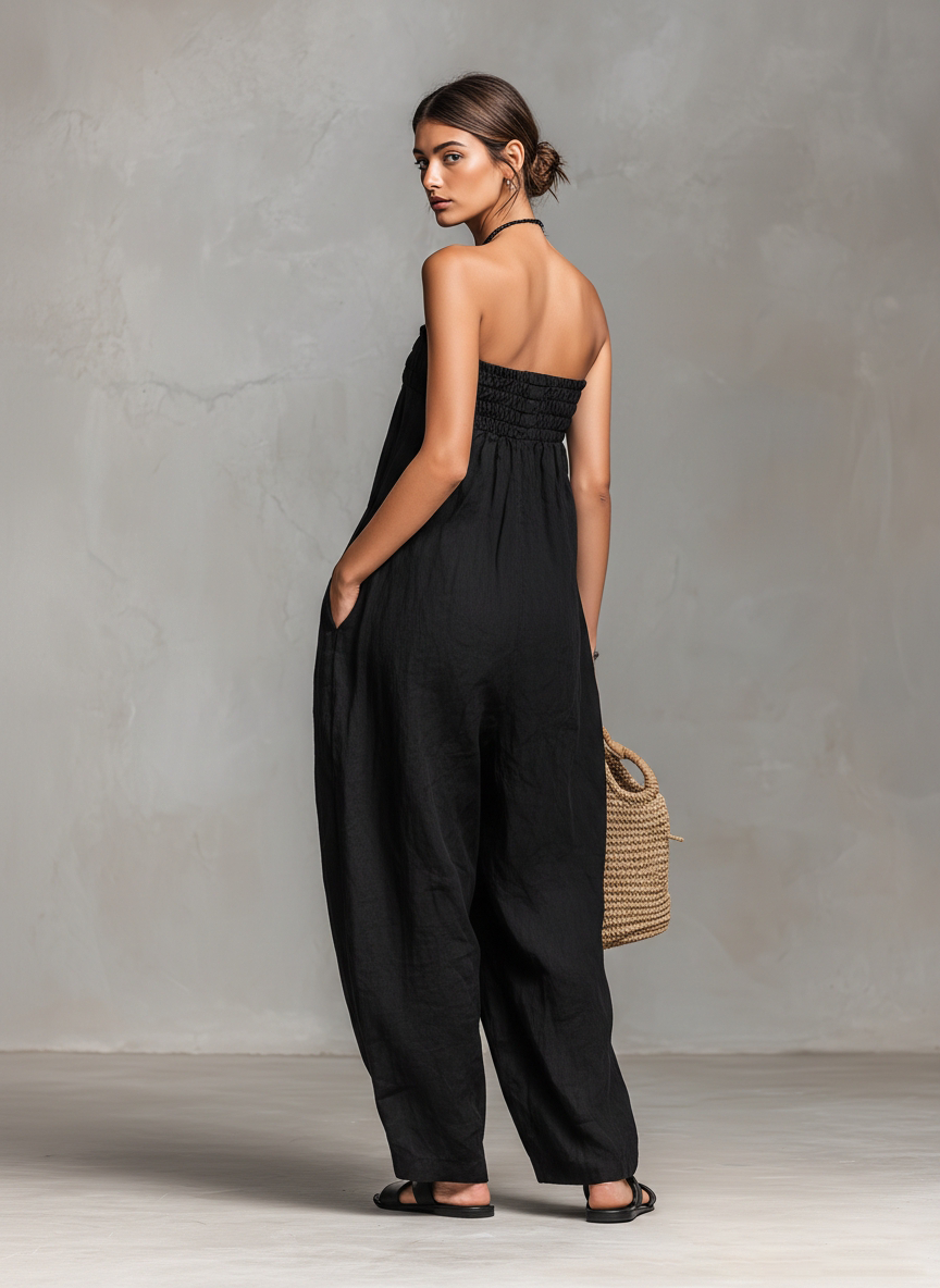 Harriet | Women's Strapless Loose Fit Jumpsuit With Tie Closure