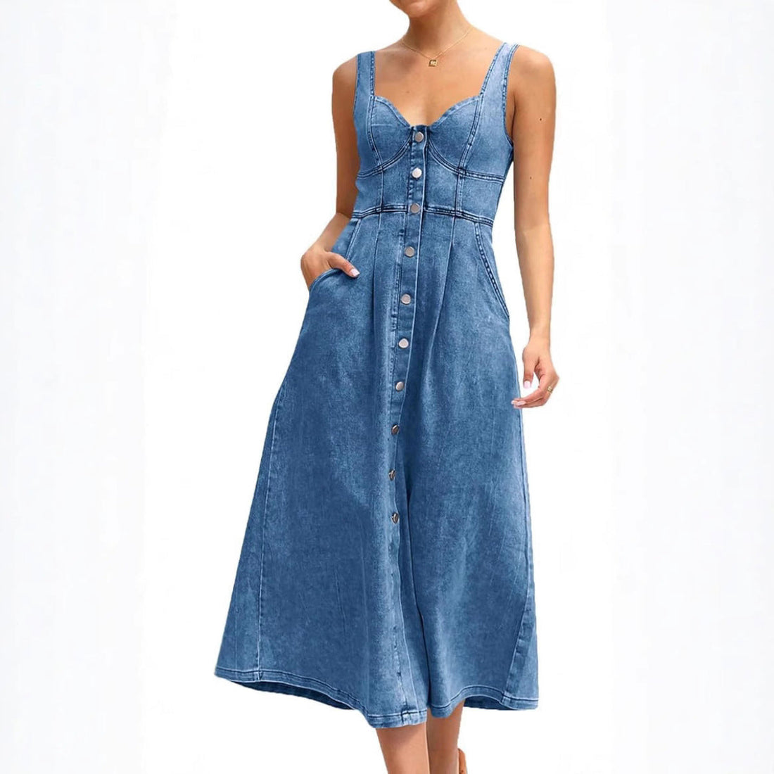 Carter | Women's Sleeveless Denim Dress with Button Front and Classic Style