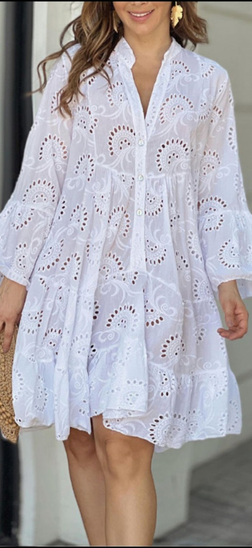 Camellia | Women's Tiered Mini Dress with Patterned Design and Flared Skirt