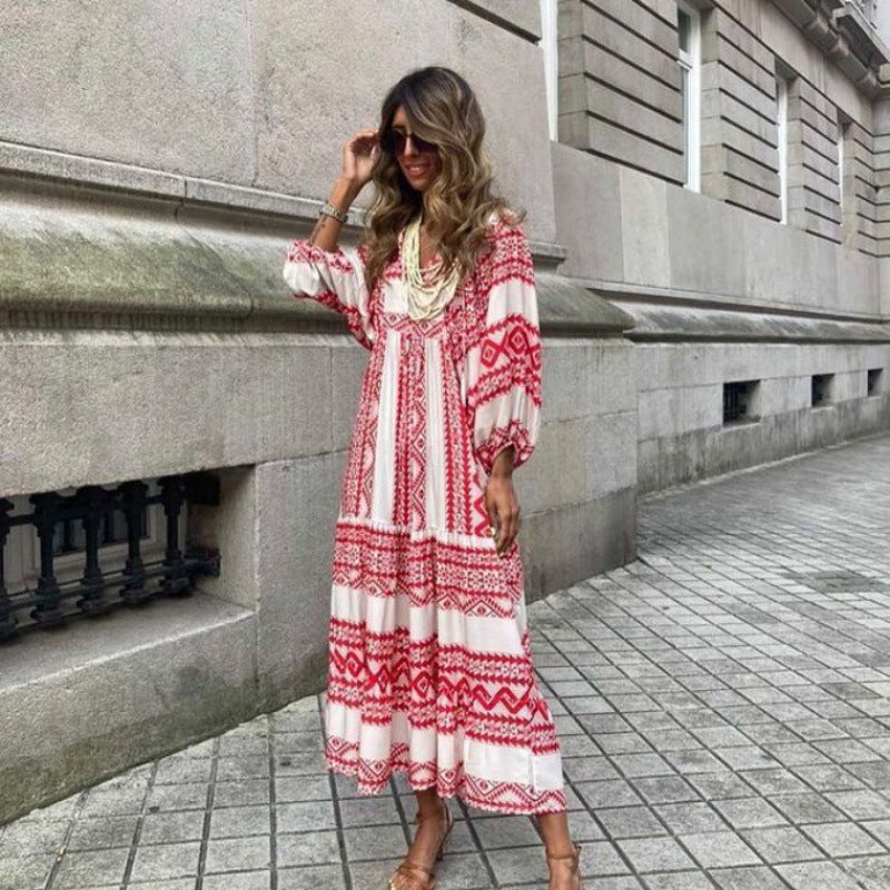 Flora | Women's Puff Sleeve V-Neck Boho Printed Maxi Dress