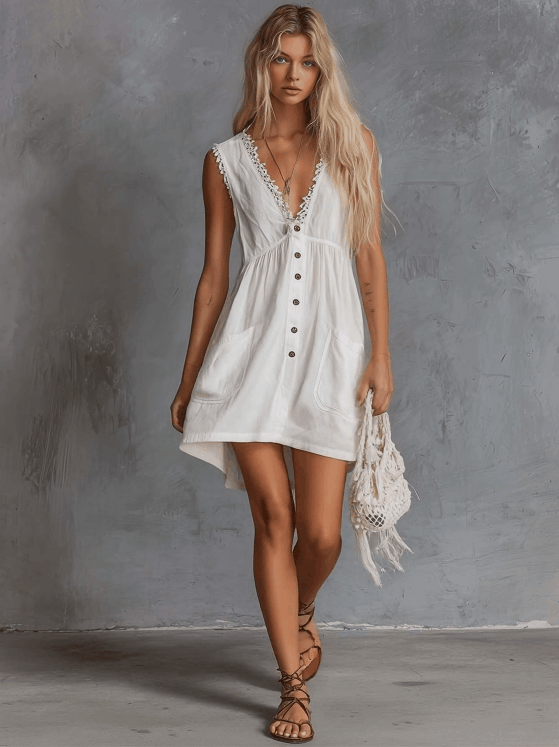 Evangeline | Elegant Vintage Western Lace V-neck Front-button White Cotton Mini Dress