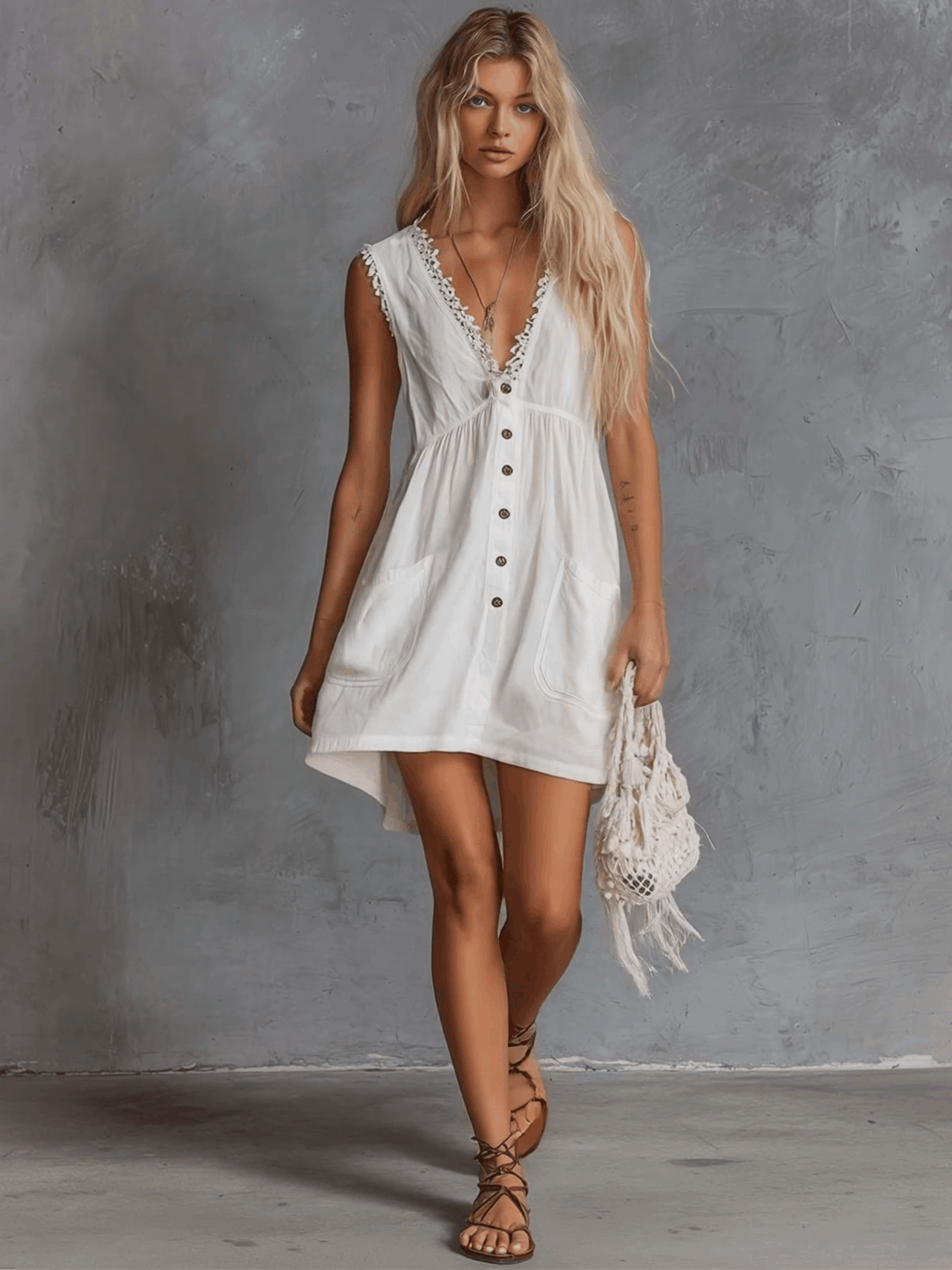 Evangeline | Elegant Vintage Western Lace V-neck Front-button White Cotton Mini Dress