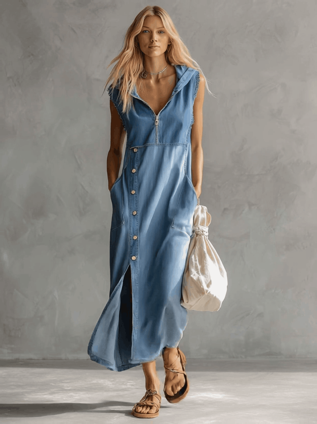 Delaney | Exquisite Vintage Casual Hooded V-neck Zipper Side Slits Buttons Blue Denim Midi Dress