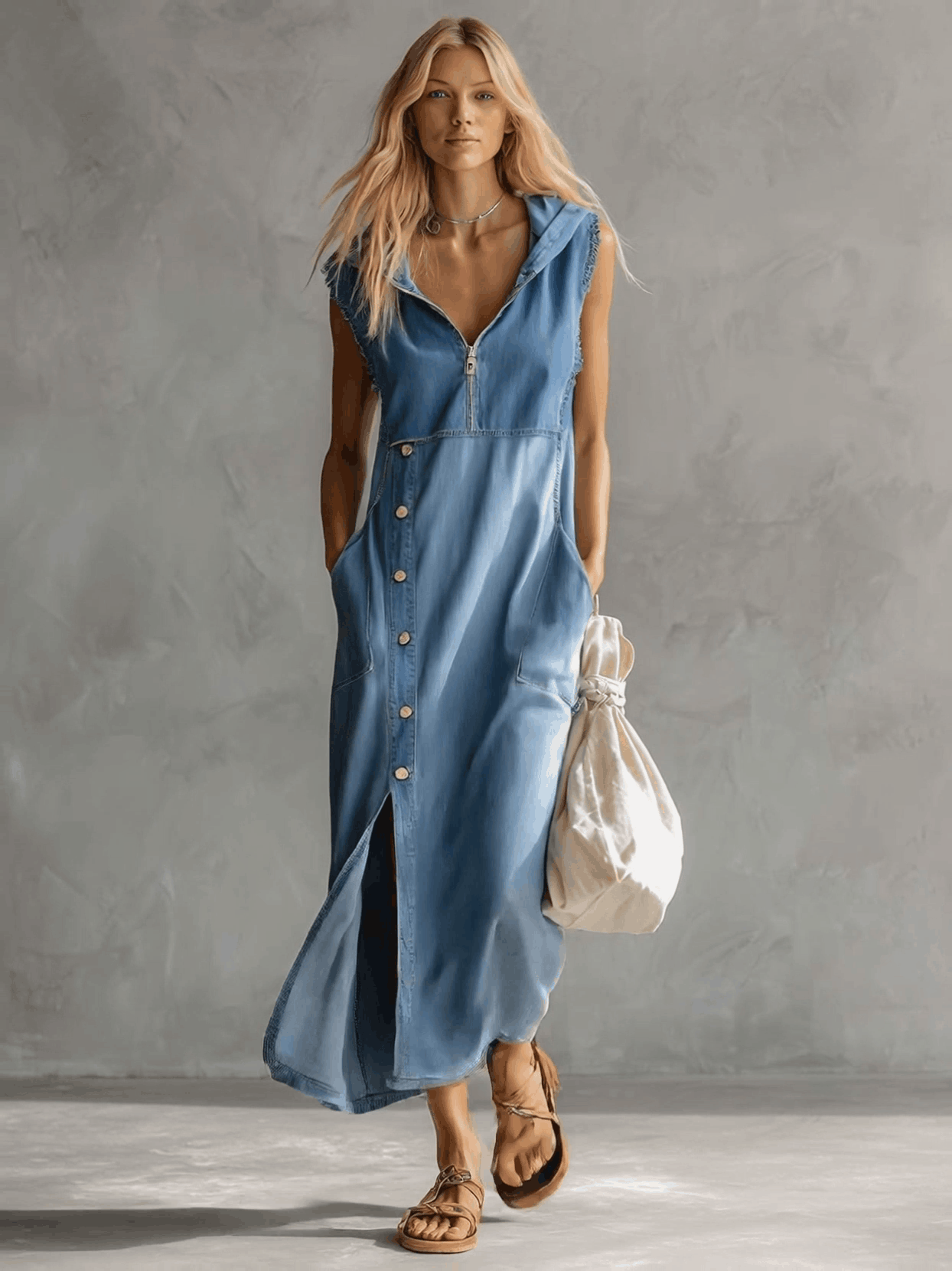 Delaney | Exquisite Vintage Casual Hooded V-neck Zipper Side Slits Buttons Blue Denim Midi Dress
