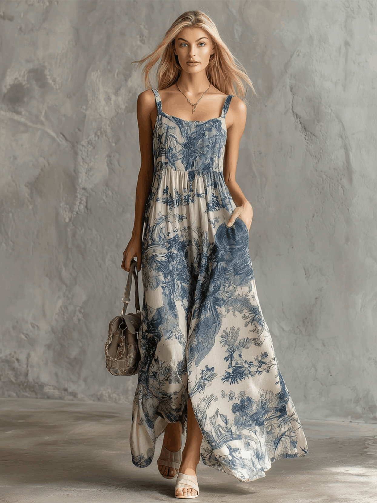 Colette | Retro Elegant Blue Floral Print Sleeveless Square Neck Chiffon Maxi Dress