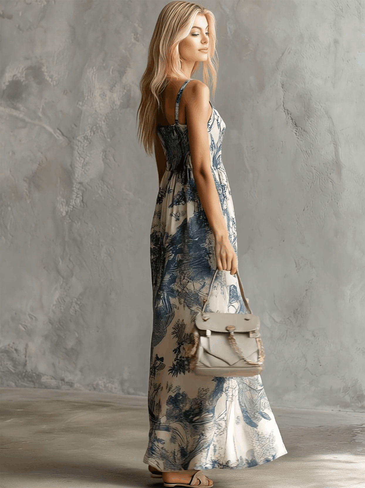 Colette | Retro Elegant Blue Floral Print Sleeveless Square Neck Chiffon Maxi Dress