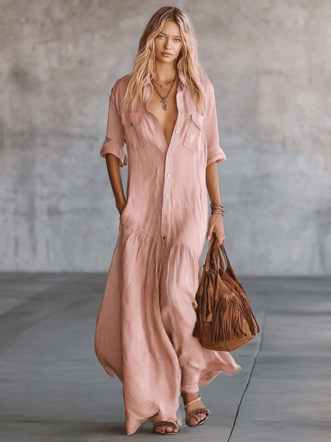 Calista | Casual Retro Western V-neck Front Button Short Sleeve Pink Cotton Linen Shirt Maxi Dress