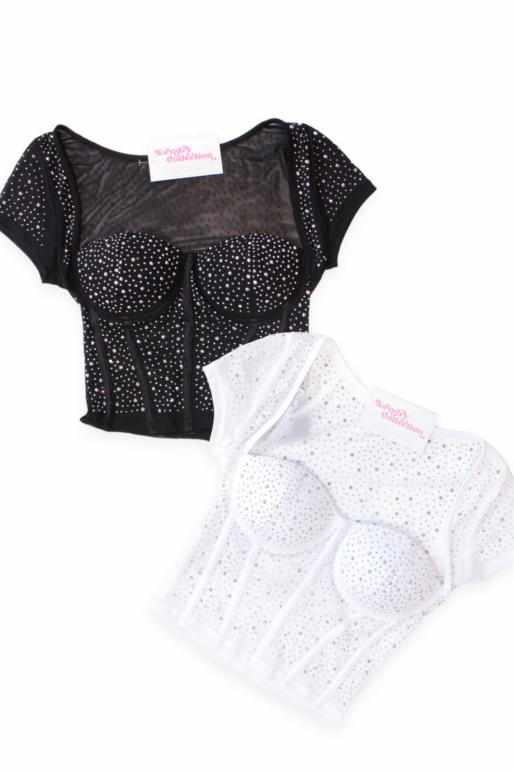 White Rhinestone Studded Corset Short Sleeve Top