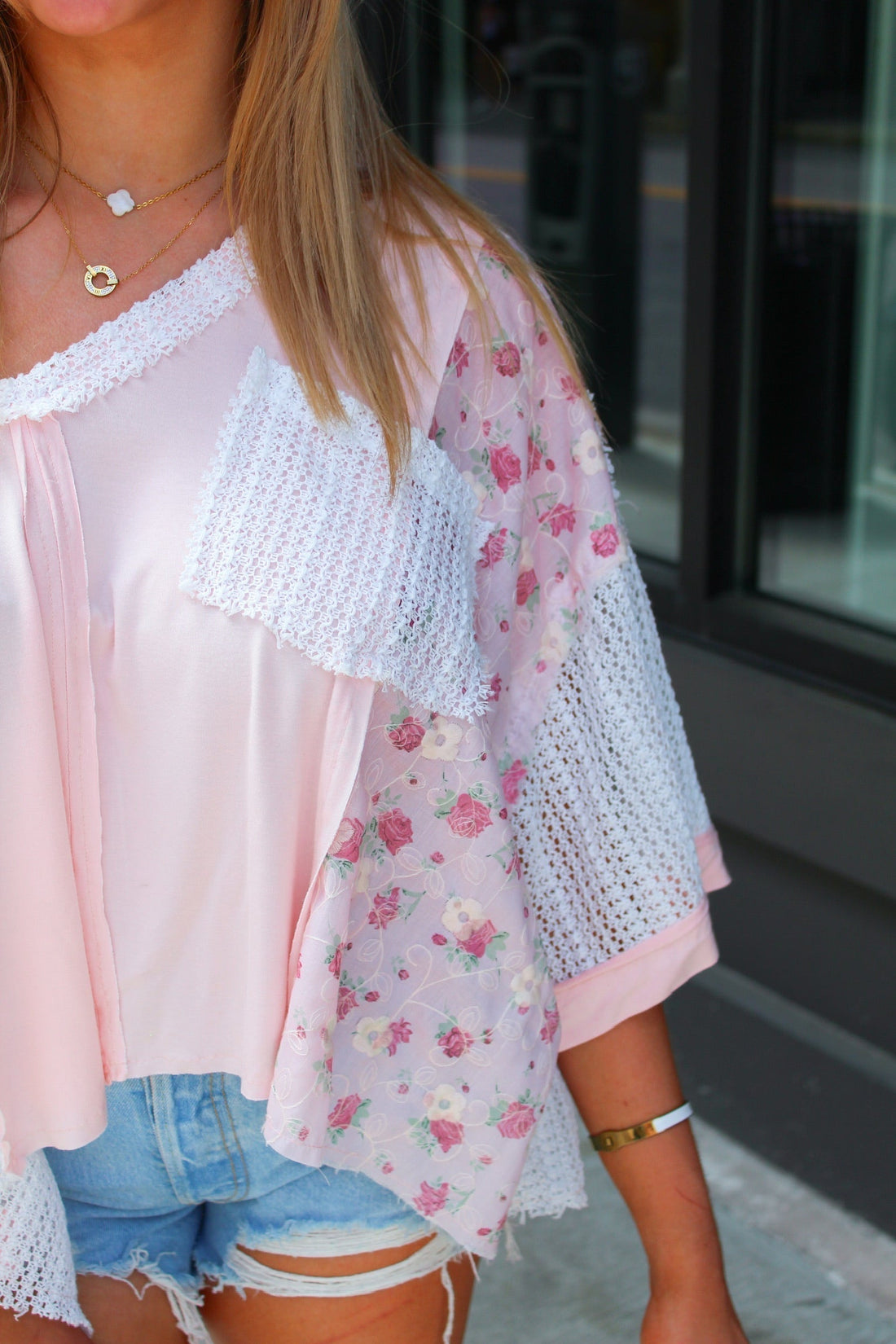 Pink Floral Lace Crochet Blouse