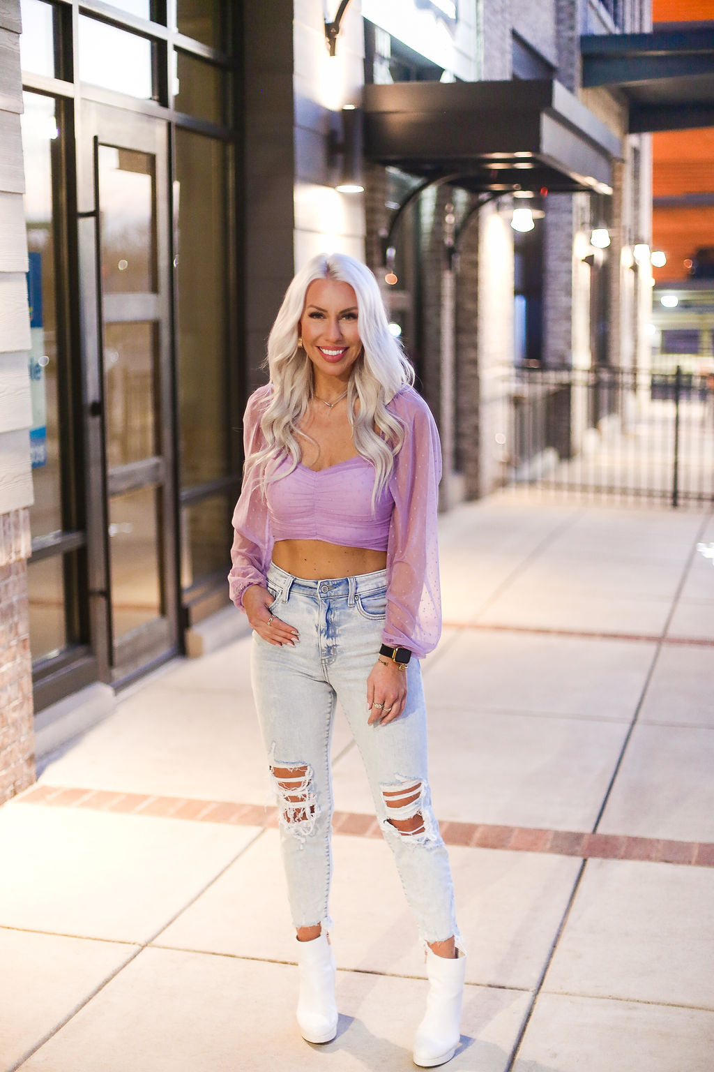 Purple Mesh Dot Long Sleeve Crop Top