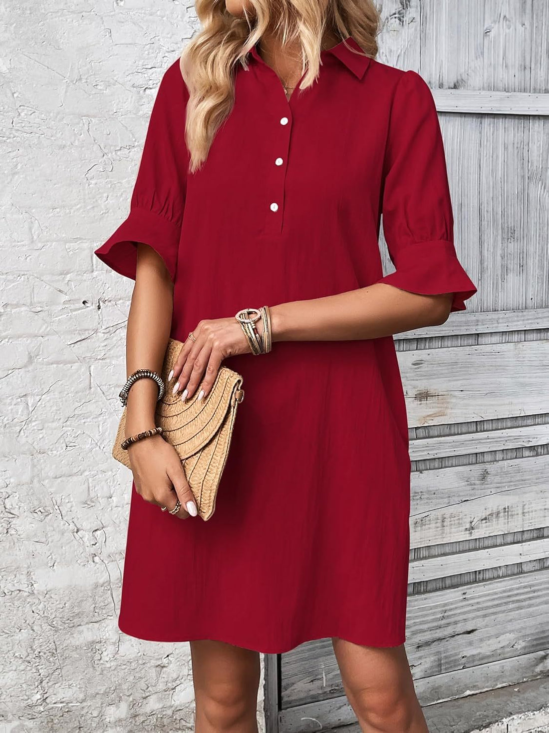 Auraline | Women's Button-Down Shirt Dress with 3/4 Sleeves and Knee Length
