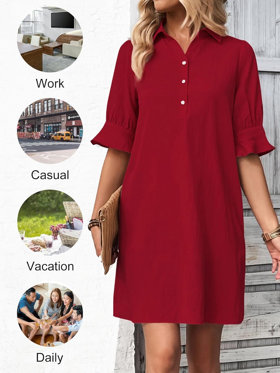 Auraline | Women's Button-Down Shirt Dress with 3/4 Sleeves and Knee Length