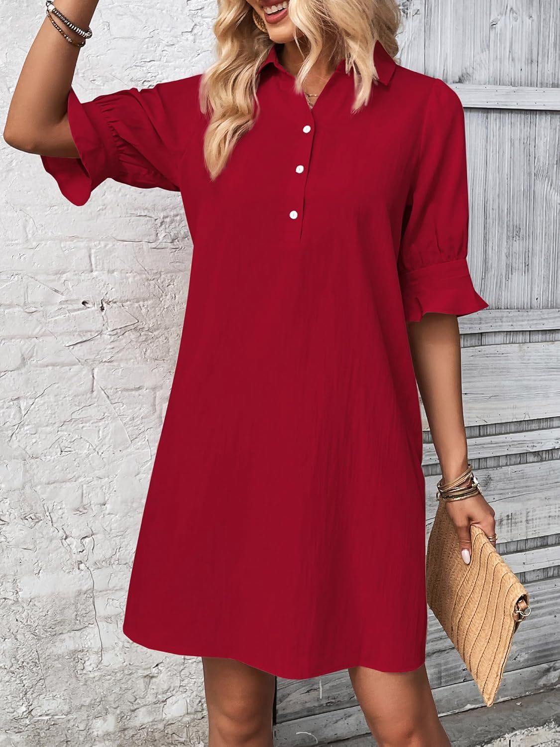Auraline | Women's Button-Down Shirt Dress with 3/4 Sleeves and Knee Length