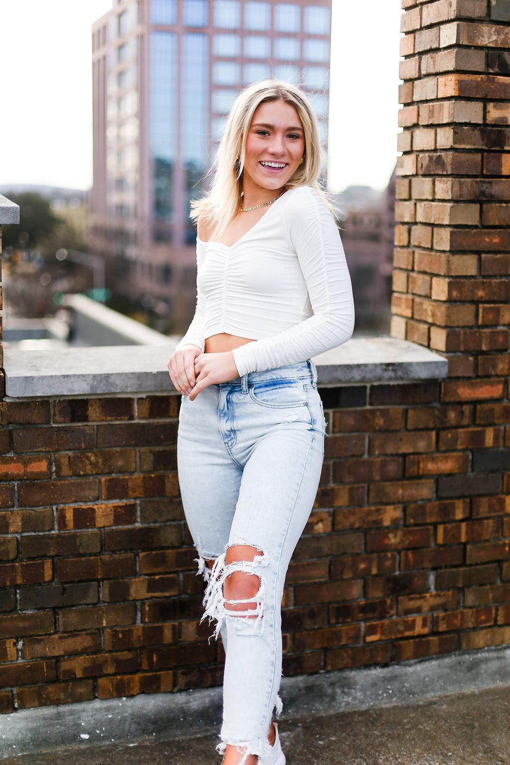 Ruched White Long Sleeve Crop Top