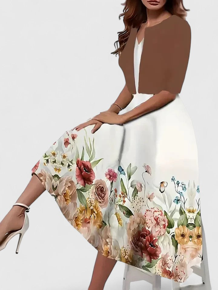 Flora | Women's Floral Midi Dress 3/4 Sleeve A-Line Occasion Dress