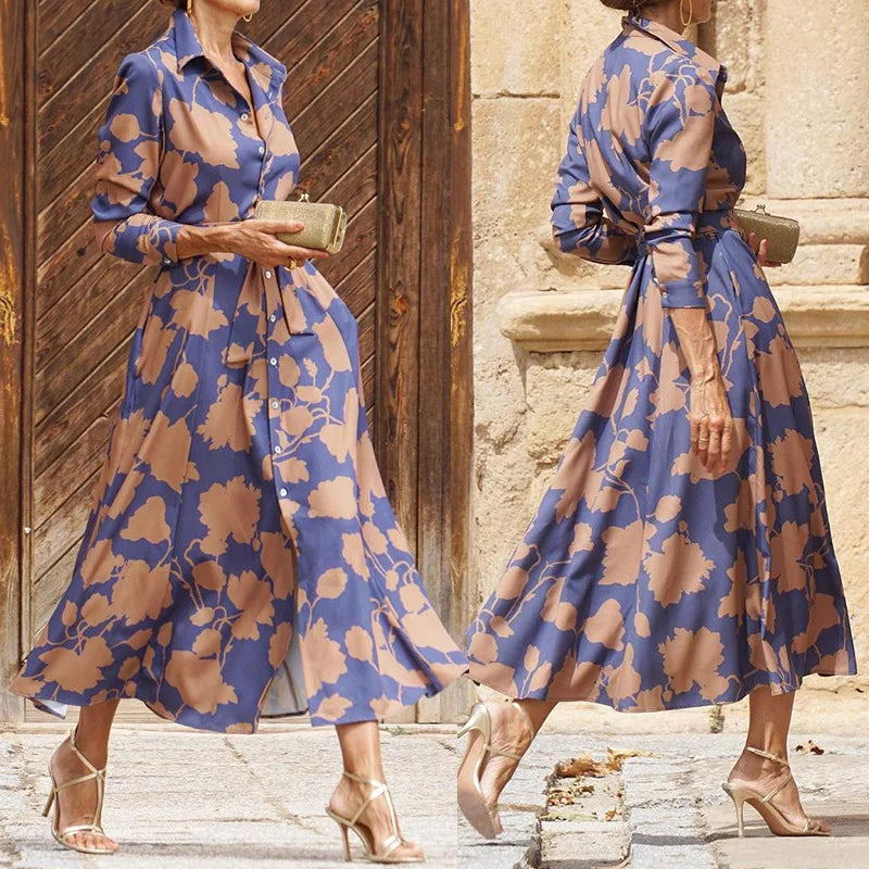 Caroline | Women's Lace Flowy Long Sleeve Draped Midi Dress Evening