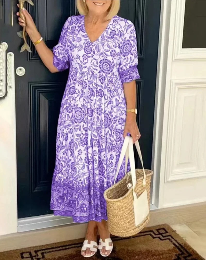 Capri | Women's Floral Dress with V-Neck and A-Line Skirt