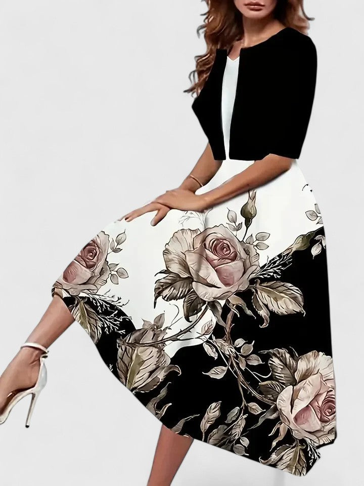 Flora | Women's Floral Midi Dress 3/4 Sleeve A-Line Occasion Dress