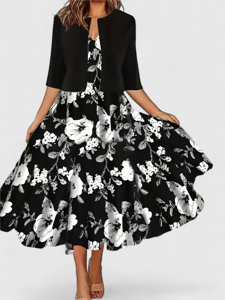 Flora | Women's Floral Midi Dress 3/4 Sleeve A-Line Occasion Dress