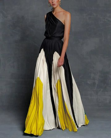 Aurora | Women's One Shoulder Color Block Pleated Maxi Dress