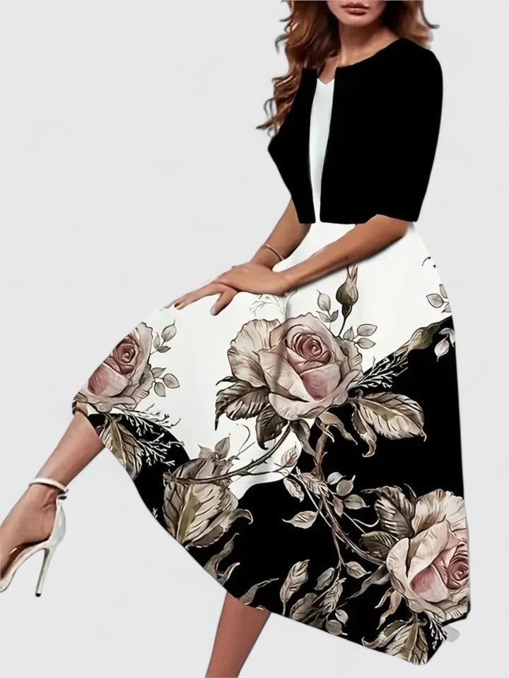 Flora | Women's Floral Midi Dress 3/4 Sleeve A-Line Occasion Dress