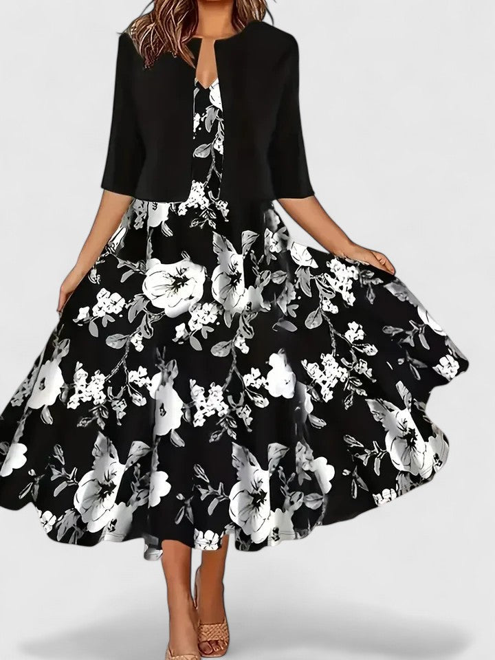 Flora | Women's Floral Midi Dress 3/4 Sleeve A-Line Occasion Dress