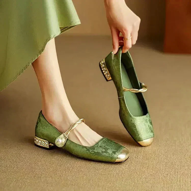 Celeste | Women's Pearl Strap Mary Jane Shoes Glitter Block Heel