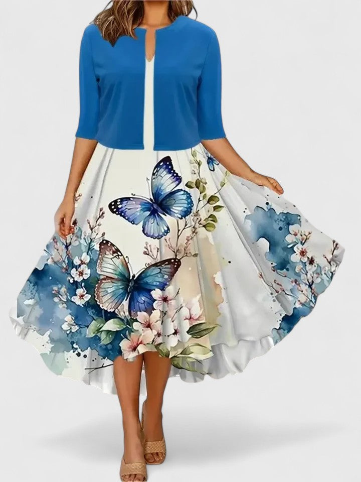 Flora | Women's Floral Midi Dress 3/4 Sleeve A-Line Occasion Dress
