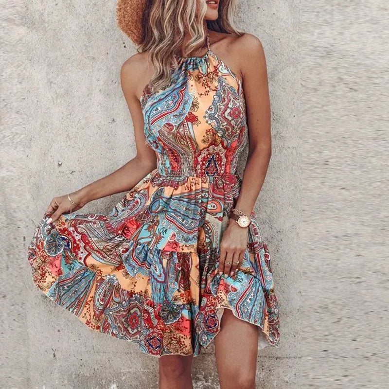 Freya | Women's Flowy Draped Dress with Halter Neckline and Lace Detail