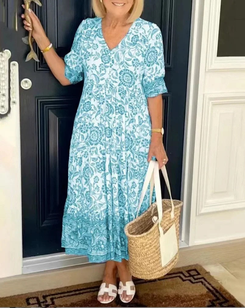 Capri | Women's Floral Dress with V-Neck and A-Line Skirt