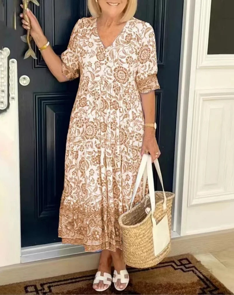 Capri | Women's Floral Dress with V-Neck and A-Line Skirt