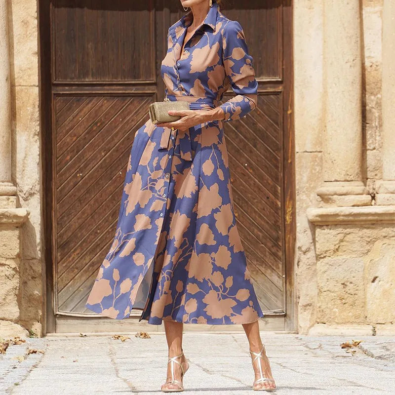 Caroline | Women's Lace Flowy Long Sleeve Draped Midi Dress Evening
