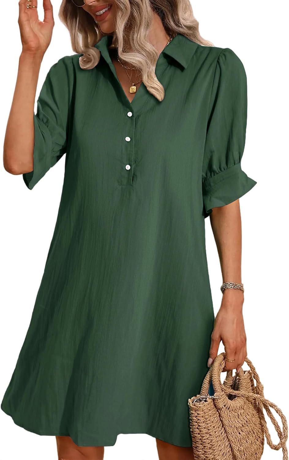 Auraline | Women's Button-Down Shirt Dress with 3/4 Sleeves and Knee Length