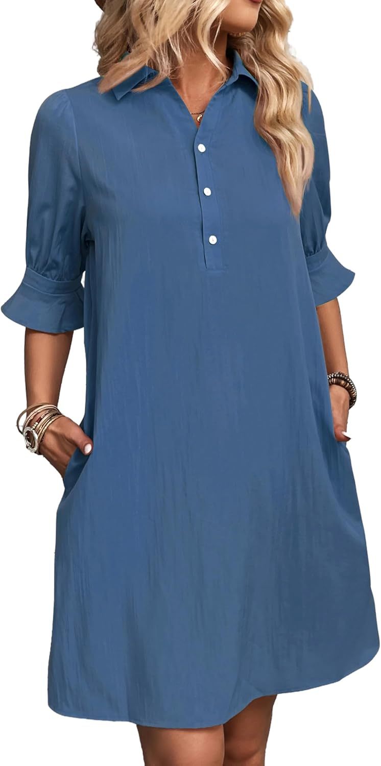 Auraline | Women's Button-Down Shirt Dress with 3/4 Sleeves and Knee Length