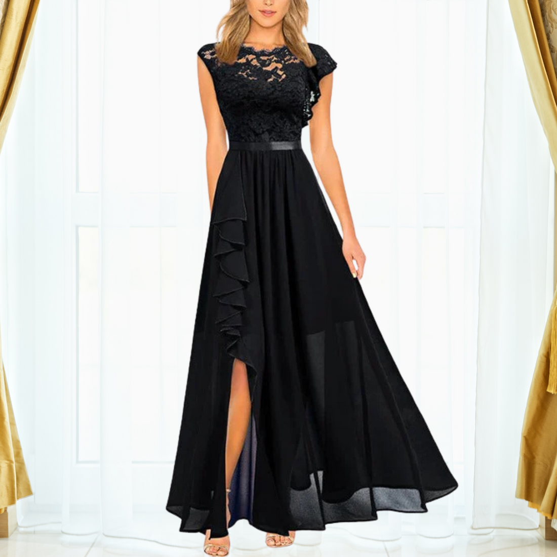 Grace | Women's Lace Chiffon Maxi Dress Ruffle Split Formal