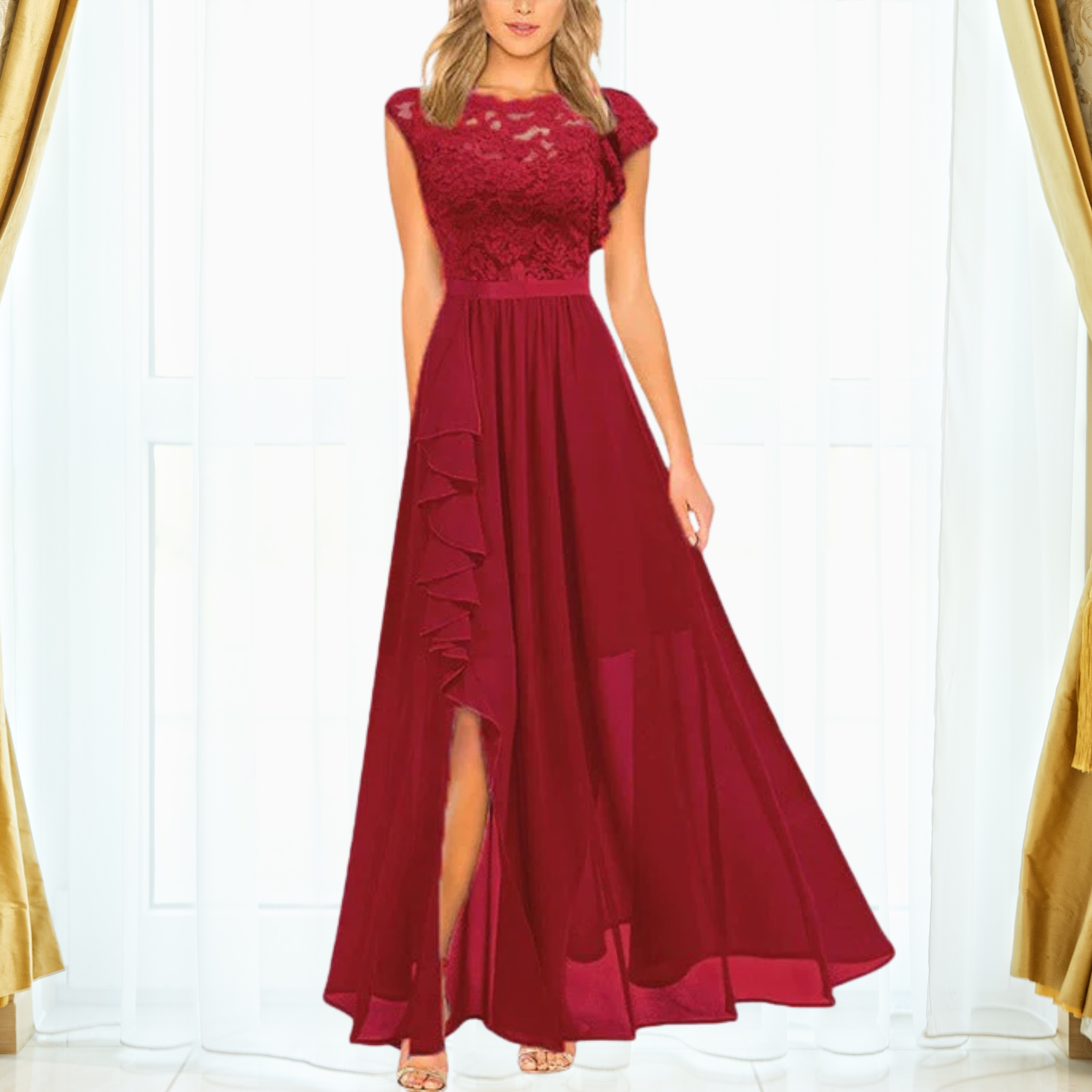 Grace | Women's Lace Chiffon Maxi Dress Ruffle Split Formal