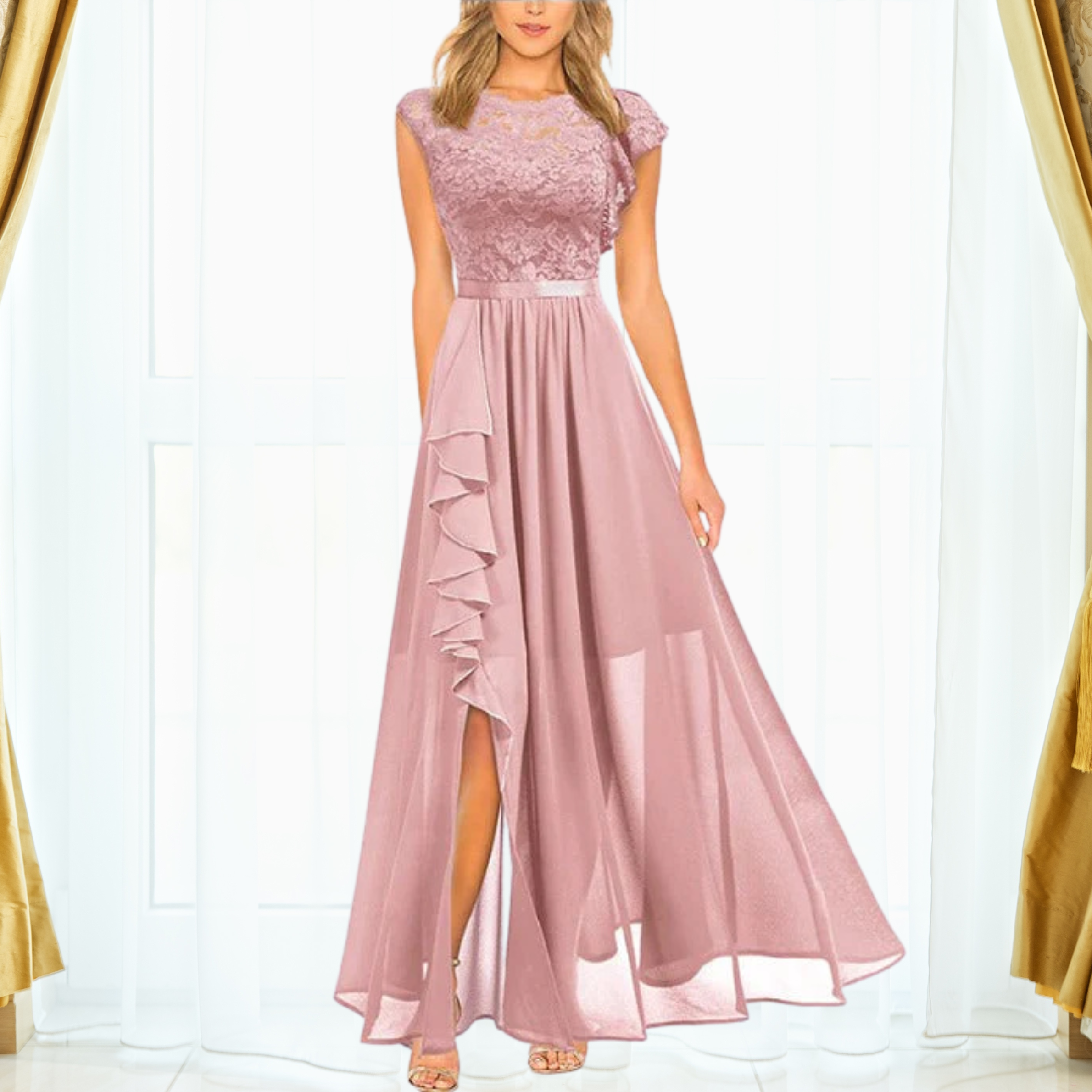 Grace | Women's Lace Chiffon Maxi Dress Ruffle Split Formal